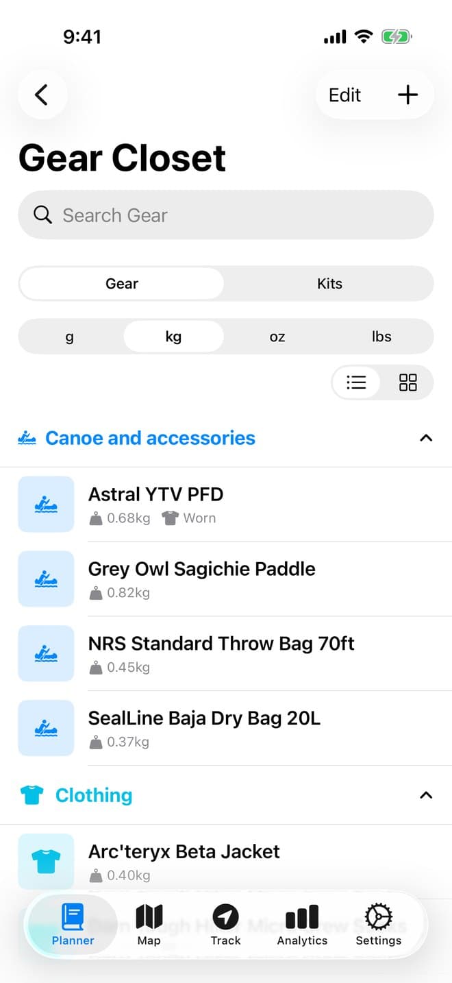 Gear closet screen with canoe gear and weights