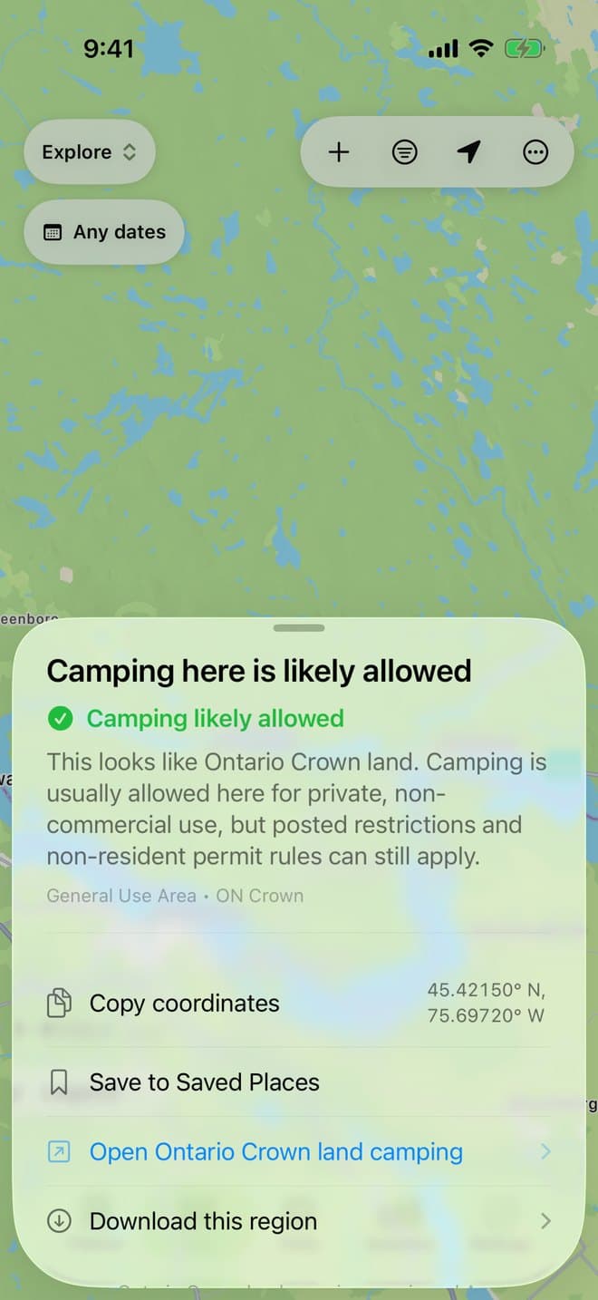 Map sheet saying camping here is likely allowed on Ontario Crown land
