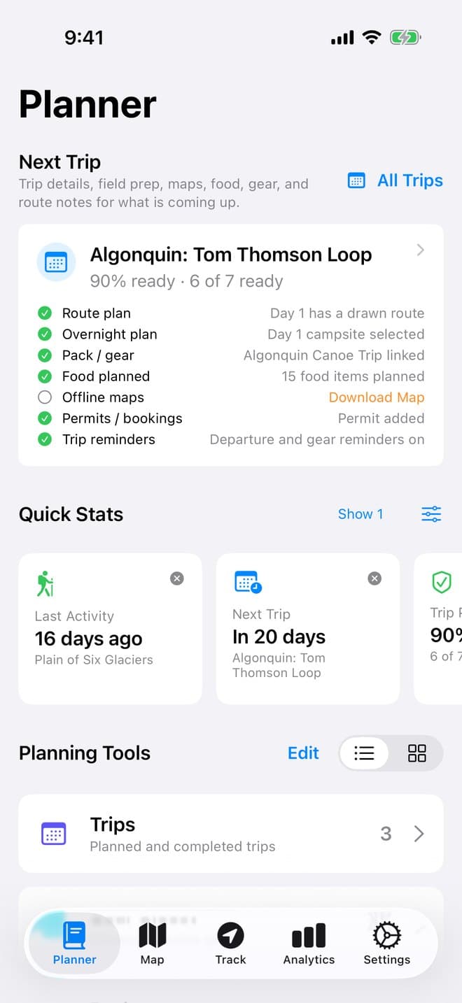 Planner screen showing the next trip, Algonquin Tom Thomson Loop, 6 of 7 ready