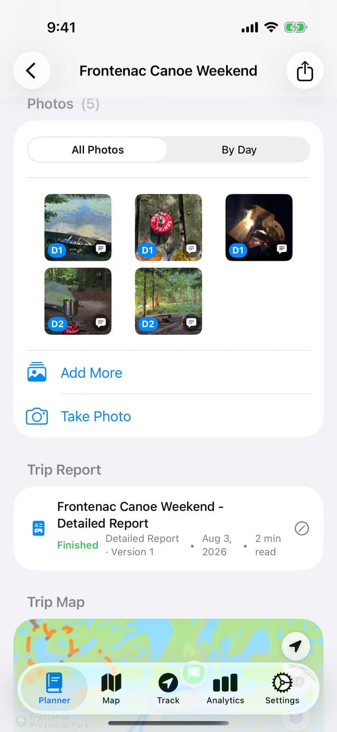 Frontenac Canoe Weekend trip screen with photos by day