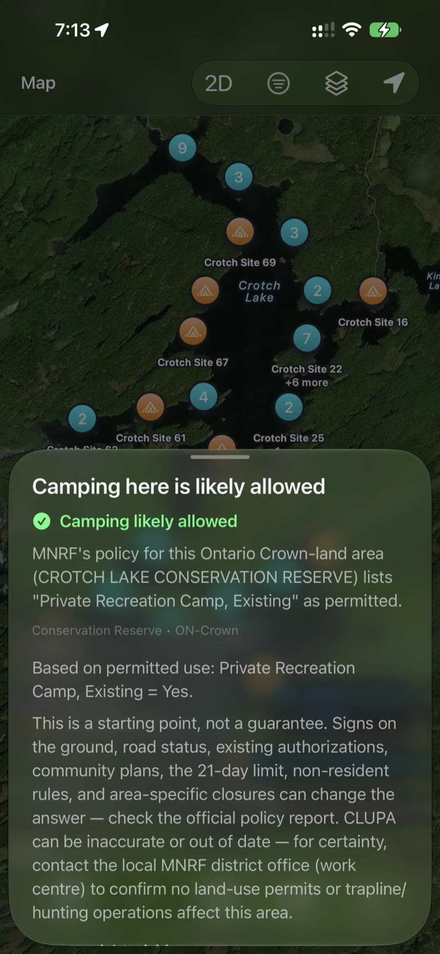 PackTrack crown land verdict showing camping likely allowed on an Ontario Crown land area.